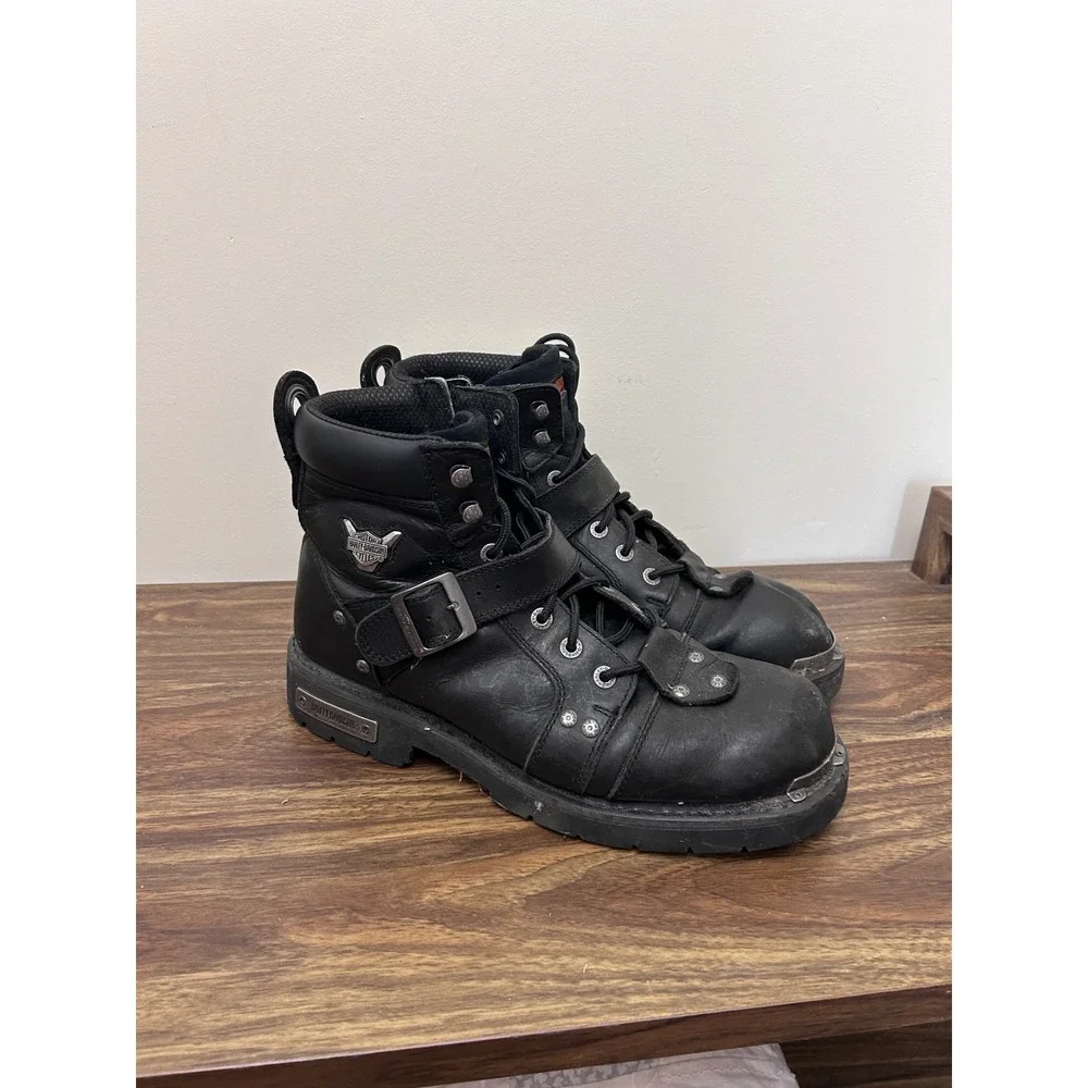 Harley Davidson Mens Black Leather Biker Boots Side Zip Buckle Moto Lug Sole